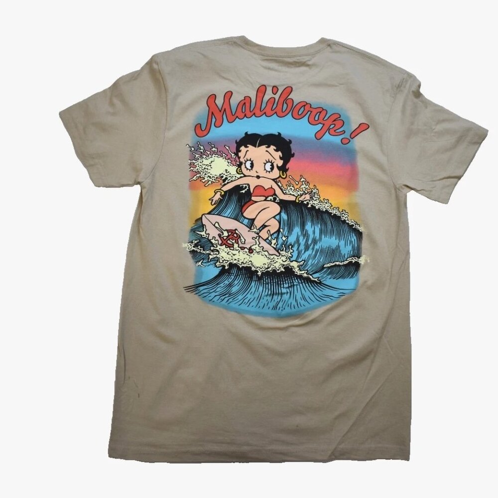 Betty Boop Mens Surfing A Big Wave Maliboop! Tan Shirt New S-XL